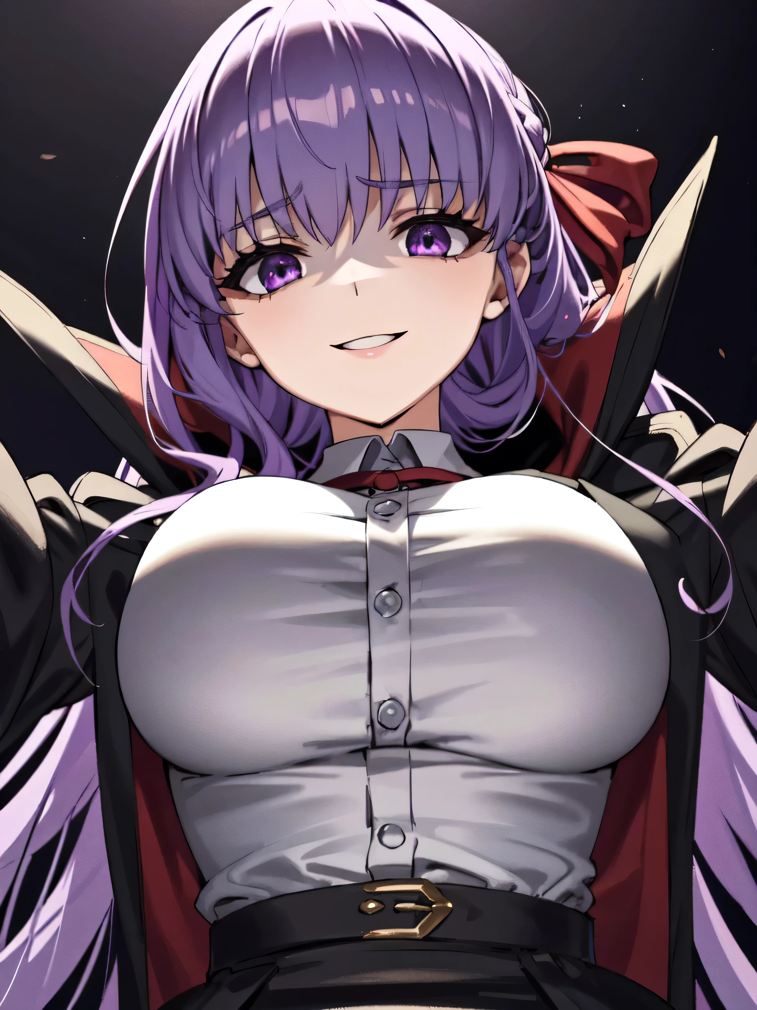  Isoscale, Mid Shot,  night, ,,, Purple Hair, Black jacket, , Red ribbon, Big Breasts, Purple eyes, White gloves, Long Hair, Large collar, evil Smile,,,,Highly detailed CG Unity 8K wallpapers, Perfect lighting,,Looking down at the viewer,,Anxious smile,Black and purple world background,deep shaded face(eyes in shadow),solo,Yandere,,look down,looking down at viewer, ,,from below,close up,Dark Side、