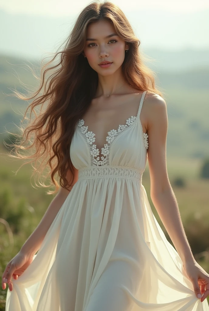 realistic body shot photo of sad dutch big long hair woman dancing in front of camera wearing long summer dress, meadow, glamour photoshoot, perfect , Perfect eyes. Perfect hands with 5 fingers on each hand. fit girl, looking into the camera, strong hip:1.2, wide hip:1.3, 36 yo woman. (Eye makeup:1.1), (highly detailed skin:1.1), RAW, analog style, sharp focus, 8k UHD, DSLR, high quality, Fujifilm XT3, grain, award winning, masterpiece.