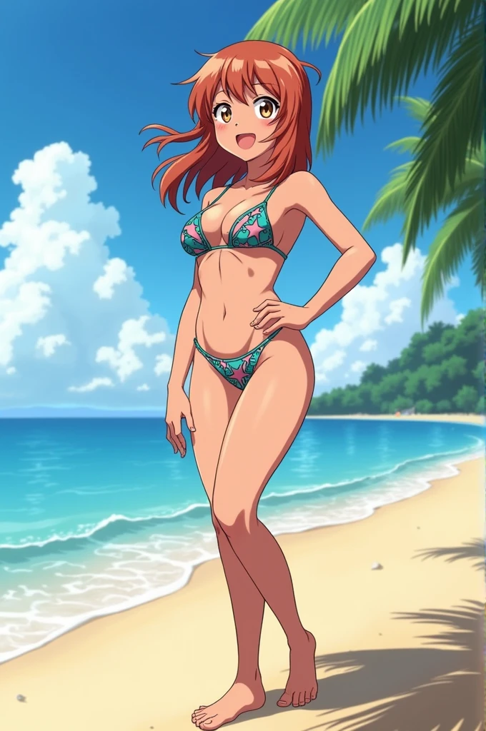 (best quality), (masterpiece), 4k, masterpiece, best quality, ultra detailed, high-resolution, 8k, Masterpiece, best quality, high resolution, 1 woman, Nami , orange long hair , black bikini, abdomen, large breasts , bare feet, hands on hips , barefoots, full body , out door , public , city