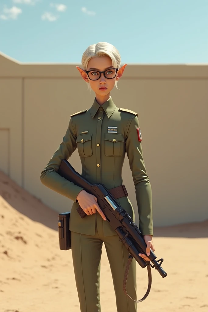 breathtaking cinematic film still posing militaristically in the wasteland, military salute <lora:enclave15test:0.7> enclaveuni, uniform, necktie, belt, peaked cap <lora:Alarielle:0.7> alarielle, lithe body, long blonde hair, ponytail, blue eyes, pointy ears shallow depth of field, vignette, highly detailed, high budget Hollywood movie, bokeh, cinemascope, moody, epic, gorgeous, film grain, grainy . award-winning, professional, highly detailed