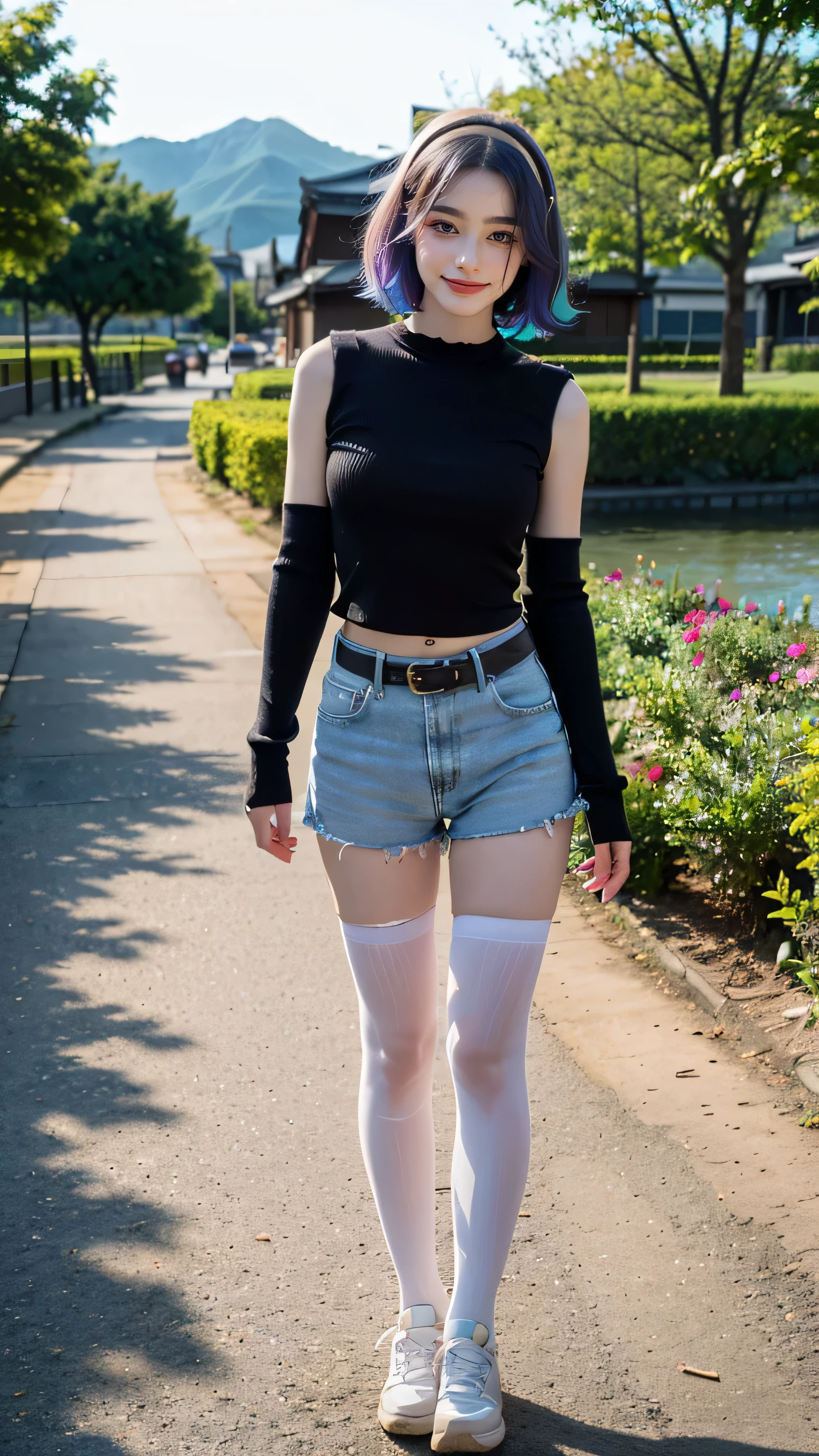 1 woman, mature woman, solo, NOT DASHA TARAN, full body standing, perfect body, (athletic body, fat body), best quality, 32k, photograph, full body (head to toe), tone mapping, ((houjou satoko,short hair,black hairband, vivid rainbow-like-multicolor hair,violet eyes,hair between eyes,random shirt, random sleeveless or long sleeves shirt, pink tonalities flower psychedelic colors detailed shirt, shirt tucked in, mid sized breasts,belt,short shorts,blue tonalities multicolor shorts, white socks, pink footwear, athletic, big woman, pink and white striped stockings, military pattern headband, funny random hat)), asian-european, ((golden blonde hair, short hair, purple eyes)) perfectly drawn hands, ((masterpiece)), ((highres)), ((detailed background)), japanese village background, next to a river, (big proportions), cute pose, smiling, ((perfect eyes, detailed eyes, realistic eyes)), ((sharp face, detailed face, realistic face, natural skin, realistic skin, detailed skin, pores))