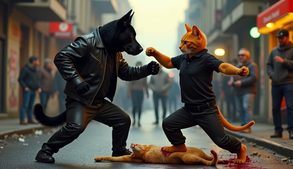 A skilled black cat dressed in
- A sleek black leather jacket with metal studs, giving her a tough and edgy look
- A pair of distressed denim jeans, ripped at the knees, with a red bandana tied around her waist
- A pair of black combat boots, complete with silver buckles and a low heel
- A silver choker with a small name tag bearing her name, "Midnight"
Is attacked by vicious brown cat dressed in
- A tattered and worn brown bomber jacket, with a menacing scowl on his face
- A pair of black and white striped pants, with a red stripe running down the side
- A pair of heavy, black leather gloves, complete with metal claws
- A black beanie, pulled low over his eyes, giving him a menacing and intimidating look
