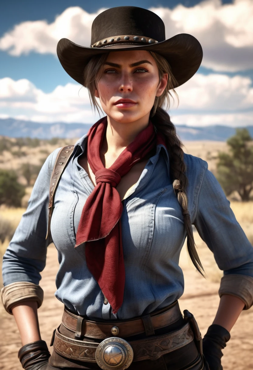 realistic photo, shiny skin, western scene, sky with clouds, female outlaw, busty, big cleavage, small black scarf, raw photo, Red Dead Redemption style, 8k, UHD, DSLR, insane details, award-winning photo