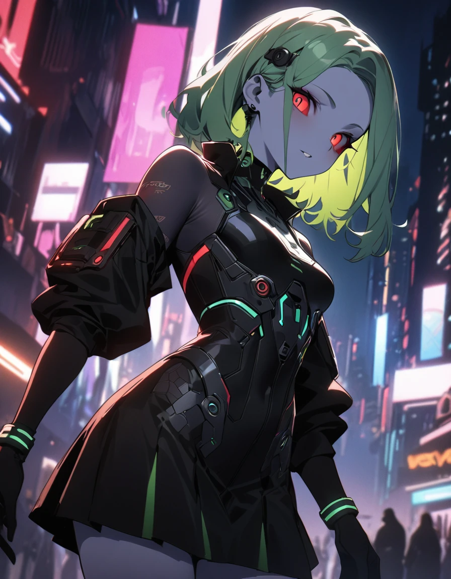 High resolution, masterpiece , best quality, 1girl, rebecca, red sclera,red pupils, cyborgunder, green hair, colored skin, many tattoos, futuristic clothing, skirt, neon details, cyberpunk neon style, in the background cyberpunk city at night, finely detailed skin, smallbreasts, verysexy
