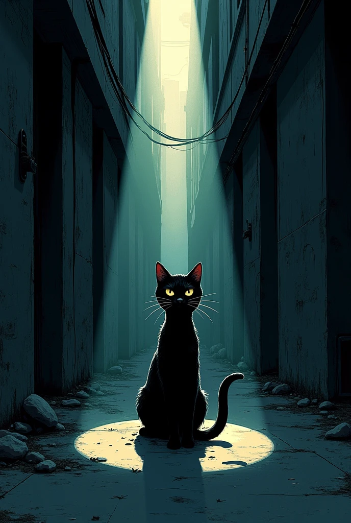 Light shining into a dark alley 、 there is a picture of a black cat there, Highly detailed panel cutting, Moebiusにインスパイアされた,  Precisely Drawn Details , Kilian Eng. Moebius, Detailed close-up, Extremely Detailed Image ,  Moebius comic style , Mobius Art ,  スタイルのジャン・ジロー・Moebius ,  very fine ink lines 