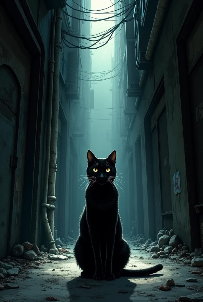 Light shining into a dark alley 、 there is a picture of a black cat there, Highly detailed panel cutting, Moebiusにインスパイアされた,  Precisely Drawn Details , Kilian Eng. Moebius, Detailed close-up, Extremely Detailed Image ,  Moebius comic style , Mobius Art ,  スタイルのジャン・ジロー・Moebius ,  very fine ink lines 