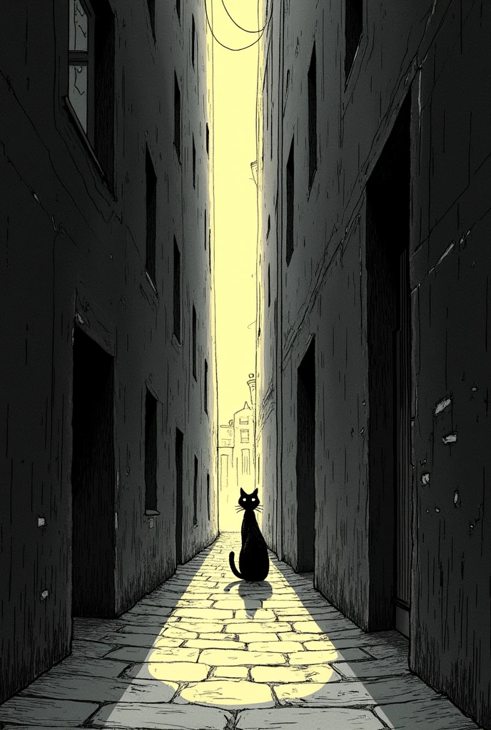 Light shining into a dark alley 、 there is a picture of a black cat there, Highly detailed panel cutting, Moebiusにインスパイアされた,  Precisely Drawn Details , Kilian Eng. Moebius, Detailed close-up, Extremely Detailed Image ,  Moebius comic style , Mobius Art ,  スタイルのジャン・ジロー・Moebius ,  very fine ink lines 