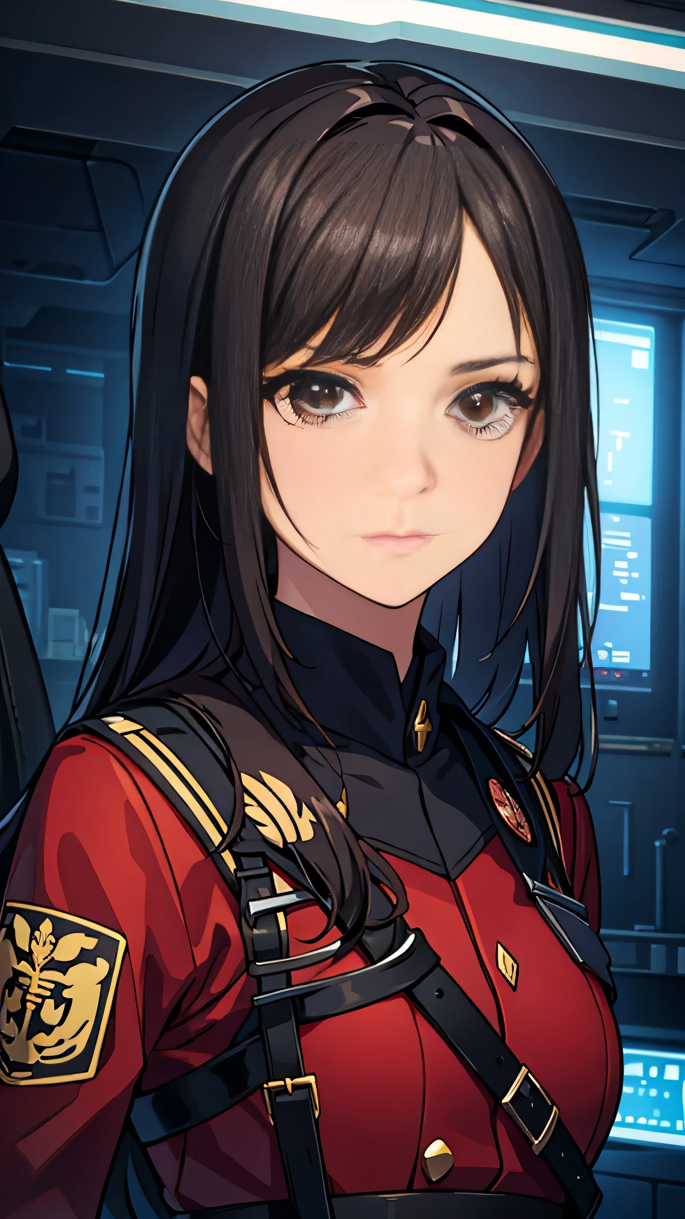 (masterpiece:1.2,  best quality), 1 Female, night, Alone, photoRealistic, Science fiction movies, science fiction, science fiction, war,  upper body,  small breasts,  focus on the face, Realistic, Pastel drawing, Powerful,  intelligent , Functional,  detail eyes (Threatening Look ,  Brown Eyes )  detailed description ,   long black hair ,  best CG , (wearing German red 2 world war general uniform), military, Local Power,  The greatness of the army,