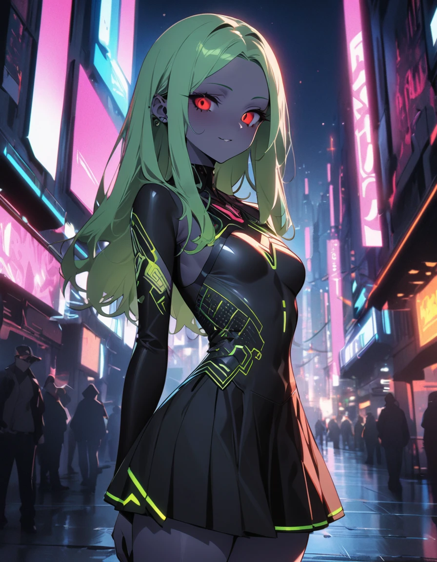 High resolution, masterpiece , best quality, 1girl, rebecca, red sclera,red pupils, cyborgunder, green hair, colored skin, many tattoos, futuristic clothing, skirt, neon details, cyberpunk neon style, in the background cyberpunk city at night, finely detailed skin, smallbreasts, verysexy
