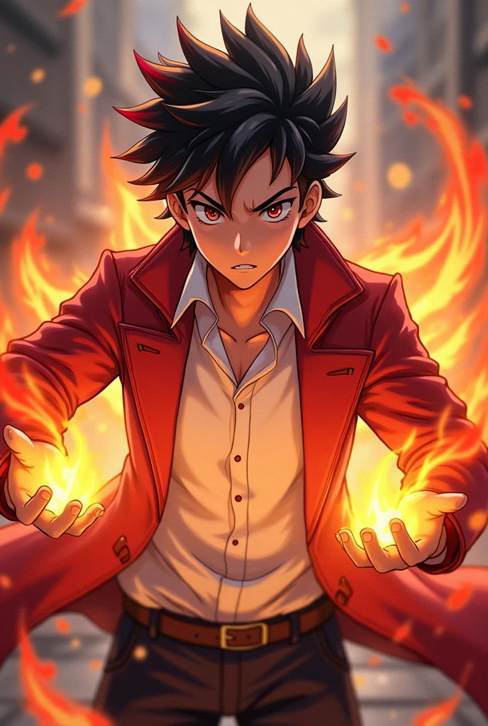 Anime boy with red-tipped black hair with firepower and red coat and white shirt