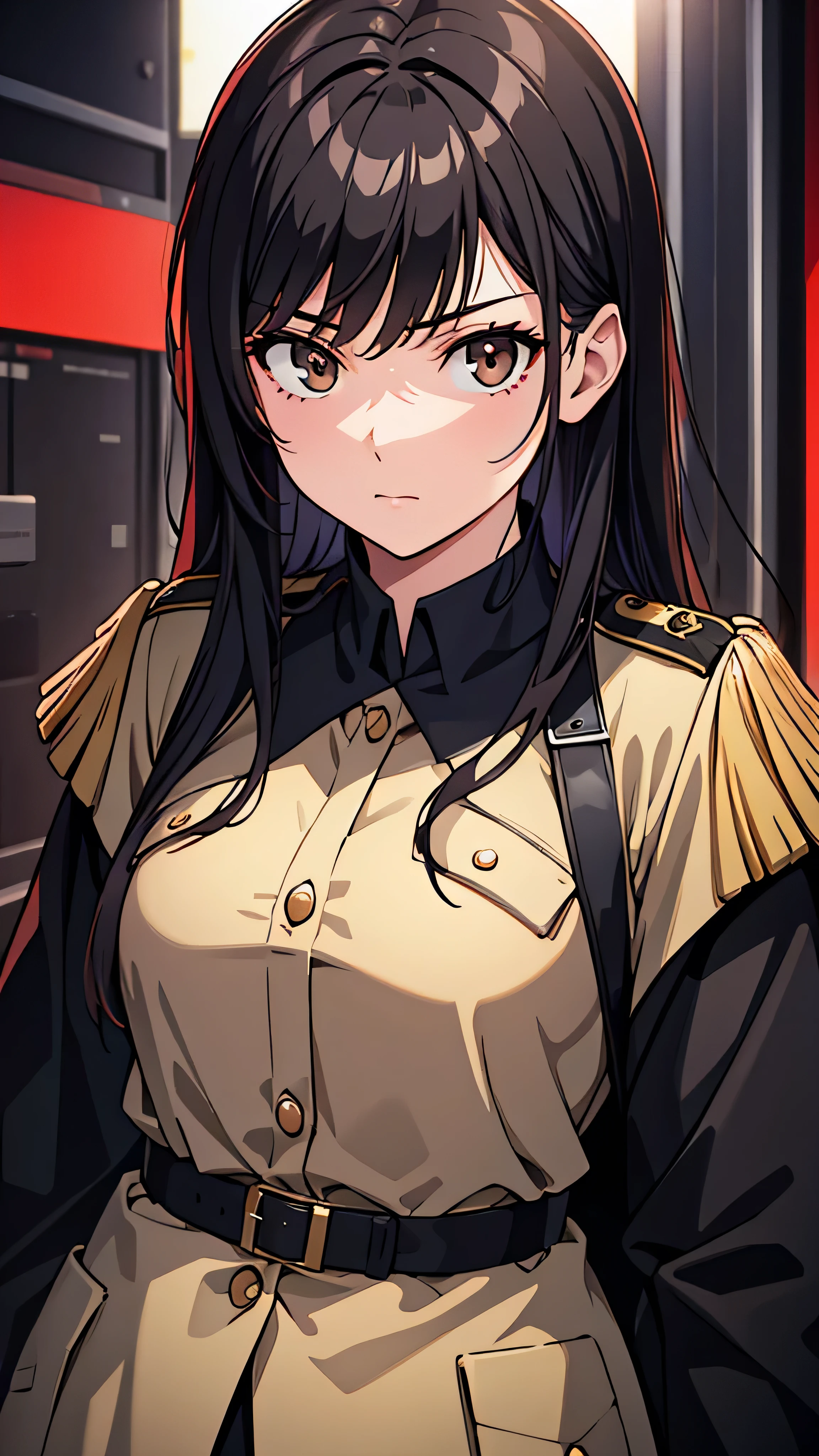 (masterpiece:1.2,  best quality), 1 Female, night, Alone, photoRealistic, Science fiction movies, science fiction, science fiction, war,  upper body,  small breasts,  focus on the face, Realistic, Pastel drawing, Powerful,  intelligent , Functional,  detail eyes (Threatening Look ,  Brown Eyes )  detailed description ,   long black hair ,  best CG , (wearing German red 2 world war general uniform), military, Local Power,  The greatness of the army,