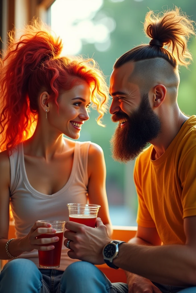 Red curly haired woman fighting and screaming with a handsome man