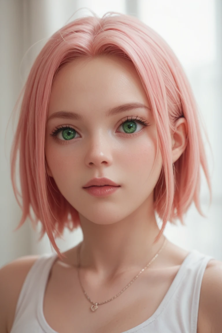 Sakura haruno.  Pink hair.  green eyes. 