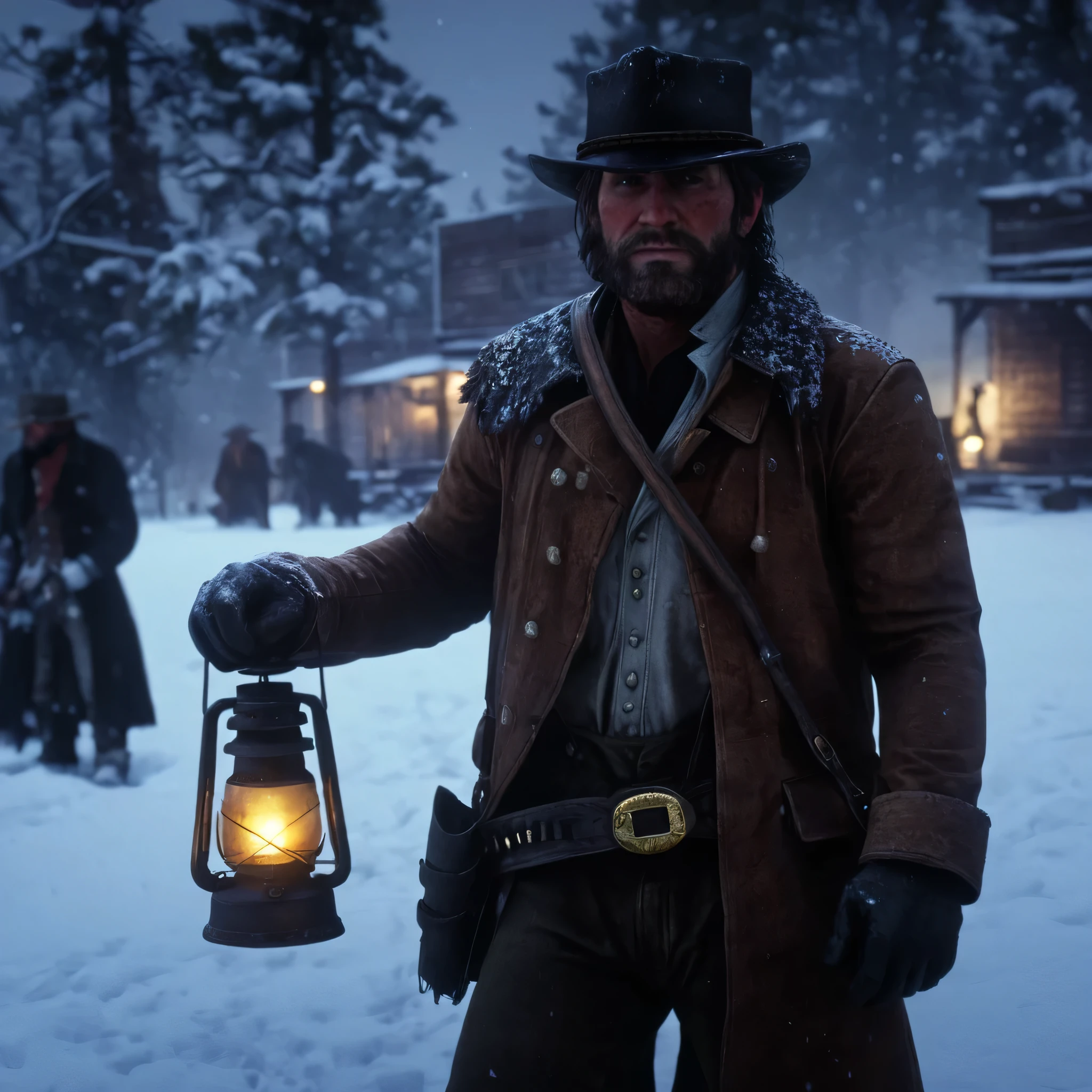 cinematic film still of cinematic film still of  a man holding a lantern in the snow,solo,gloves,1boy,hat,holding,male focus,outdoors,belt,signature,tree,coat,night,facial hair,fire,beard,snow,lantern,snowing,winter,holding lantern , epic, Western, adventures, outlaw, Red Dead, Western United States, wild west, cowboy, Open world, 1900's, realistic, cinematic, film look, dramatic light, partially covered in shadows, gang, Western-themed action-adventure, Red Dead Redemption style, shallow depth of field, vignette, highly detailed, high budget, bokeh, cinemascope, moody, epic, gorgeous, film grain, grainy