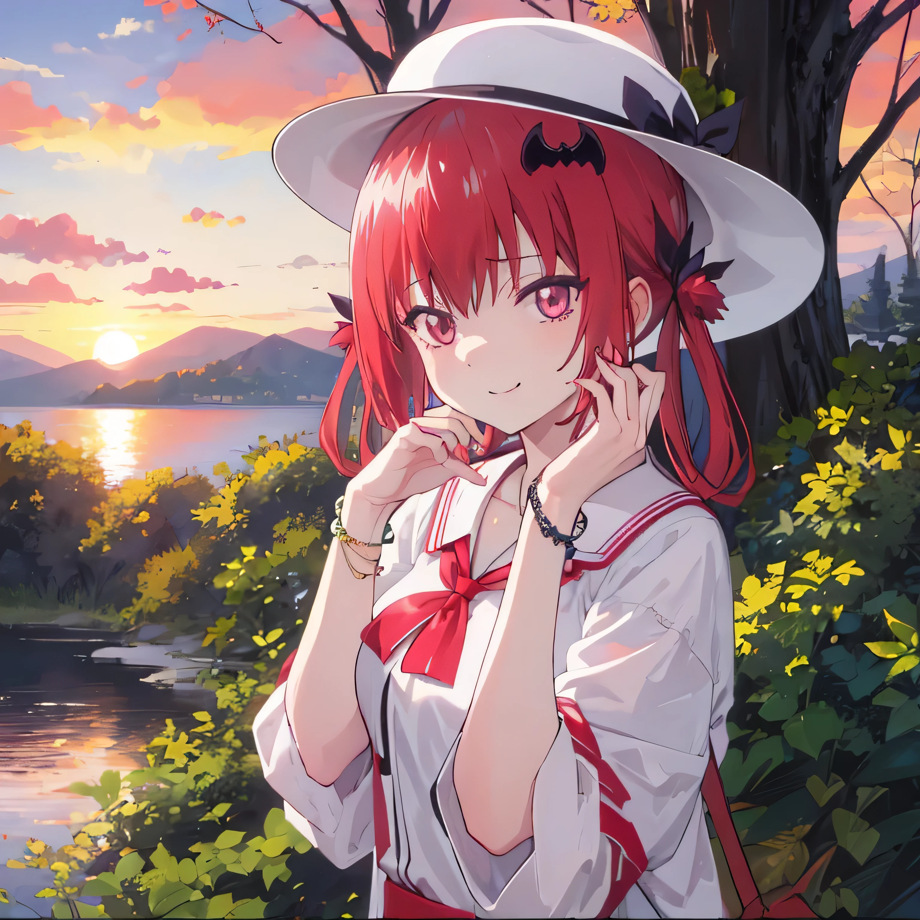 Big lake with trees and vegetation warm sunset scattered with volumetric clouds Satanichia McDowell leaning on a tree relaxed beautiful face showing her beautiful smile beautifully dressed in comfortable and simple clothes magenta eyes semi-long red hair with 2 pigtails pretty big white hat and nice accessory around her neck striking bracelets on her arms.
 Detailed hands and fingers