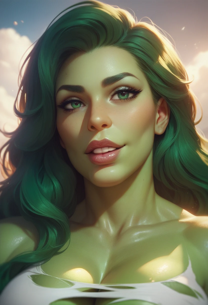 8k, best quality, beautiful muscular adult woman, very muscular, very tall, long vivid green hair, wet hair, soft facial features, beach, nude, laying on her side, large breasts, large toned ass, hands covering breasts, yearning, athletic, fit, legs crossed, sultry, pale white skin, dominant, 8 feet tall, muscular thighs, shredded waist, glowing green eyes, beautiful, soft smile, curious expression, strong, TALL, hdr, black goth eyeliner, long hair, green eyes, matte black lipstick, sunset, ocean, relaxing, naked