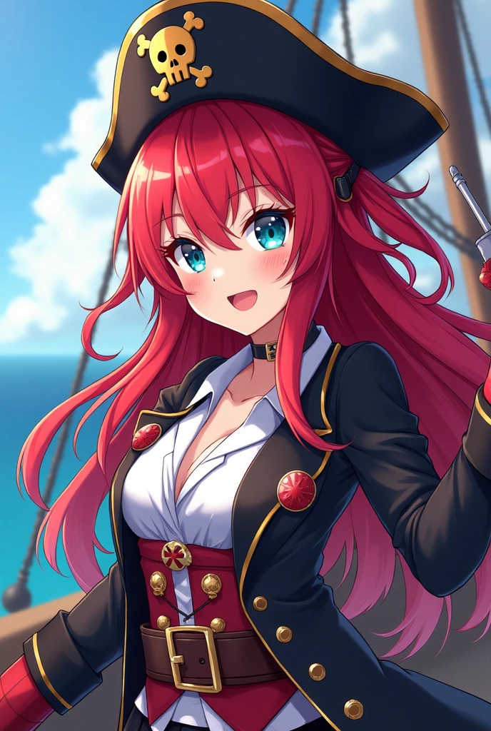 Anime image of a sexy girl dressed in a pirate outfit standing on the bow of a huge pirate ship