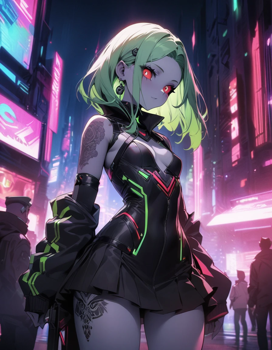 High resolution, (masterpiece) , best quality, 1girl, rebecca, red sclera, red pupils, cyborgunder, green hair, colored skin, many tattoos, futuristic clothing, skirt, neon details, cyberpunk neon style, in the background cyberpunk city at night, finely detailed skin, (small breasts), ((very sexy))
