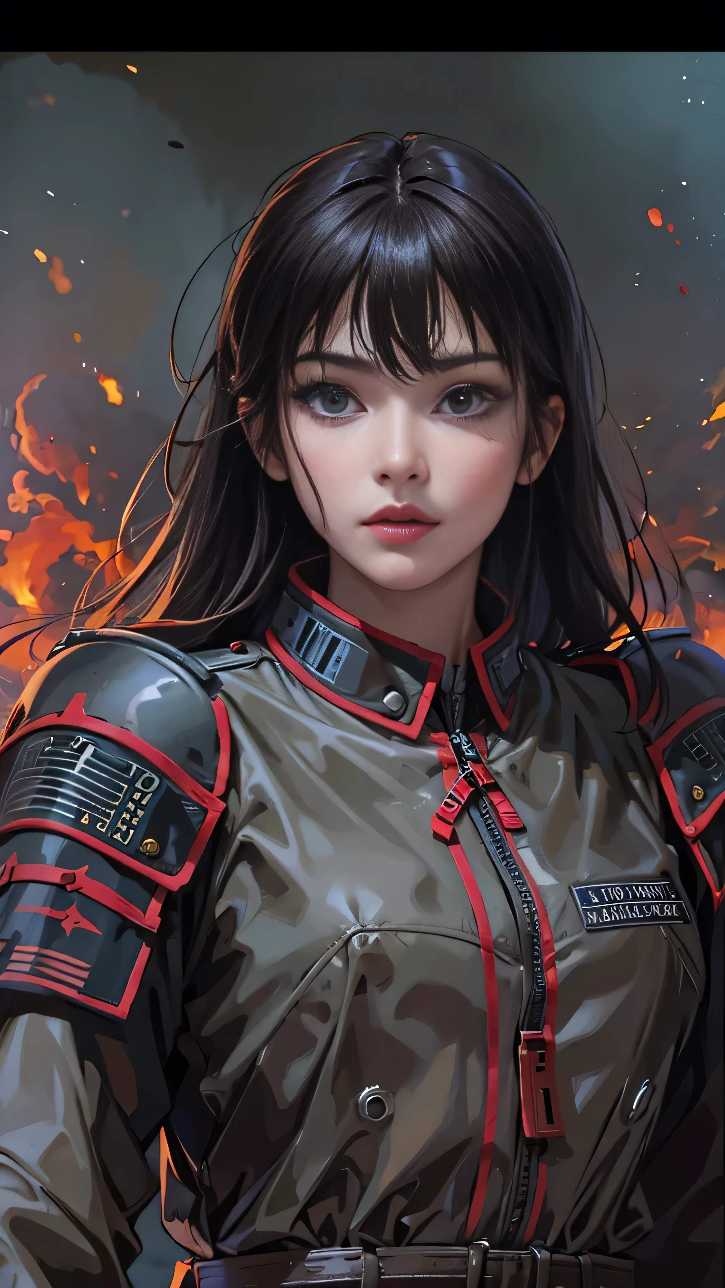 (masterpiece:1.2,  best quality), 1 Female, night, Alone, photoRealistic, Science fiction movies, science fiction, science fiction, war,  upper body,  small breasts,  focus on the face, Realistic, Pastel drawing, Powerful,  intelligent , Functional,  detail eyes (Threatening Look ,  Brown Eyes )  detailed description ,   long black hair ,  best CG , (wearing German red 2 world war general uniform), military, Local Power,  The greatness of the army,