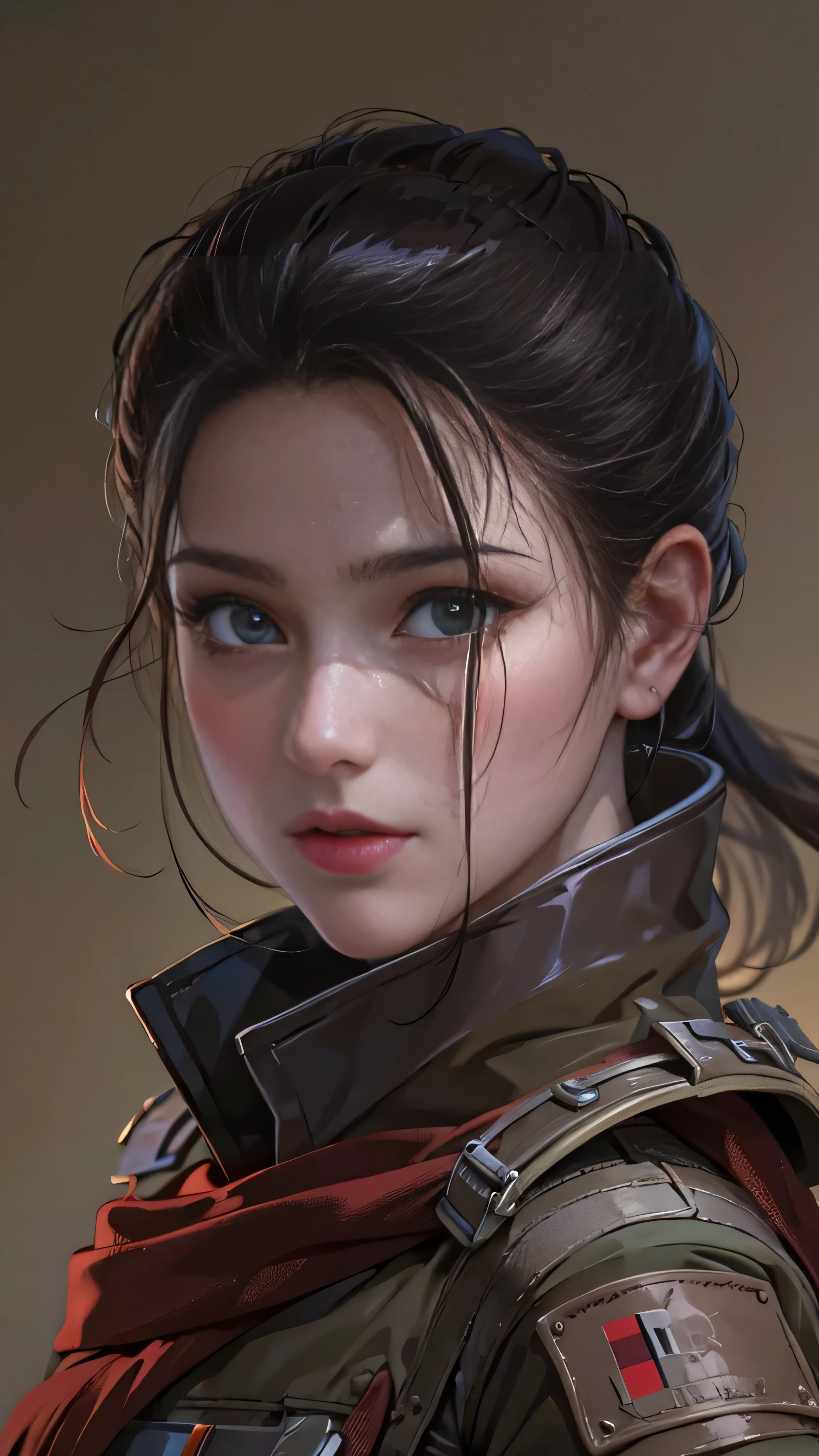 (masterpiece:1.2,  best quality), 1 Female, night, Alone, photoRealistic, Science fiction movies, science fiction, science fiction, war,  upper body,  small breasts,  focus on the face, Realistic, Pastel drawing, Powerful,  intelligent , Functional,  detail eyes (Threatening Look ,  Brown Eyes )  detailed description ,   long black hair ,  best CG , (wearing German red 2 world war general uniform), military, Local Power,  The greatness of the army,