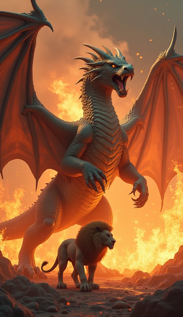 Dragon standing over a dead Elephant in a burning forest that it fought
