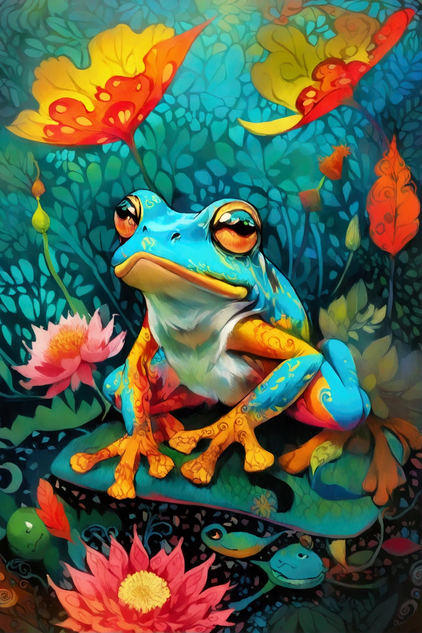   has a cartoon picture of a frog that keeps poison,  An illustration inspired by James Christensen ,   CG Society Contest Winners  ,  Maximalism , Rakib Shaw , Folk illustration , King of Poison ,   Colorful Illustrations  ,  Colorful Illustrations , Intricate fantasy painting, journey to the west.  pop art,  Psychedelic Illustrations , Fantasy coloring ,  Persian folk tale illustration , Colorful Jungle