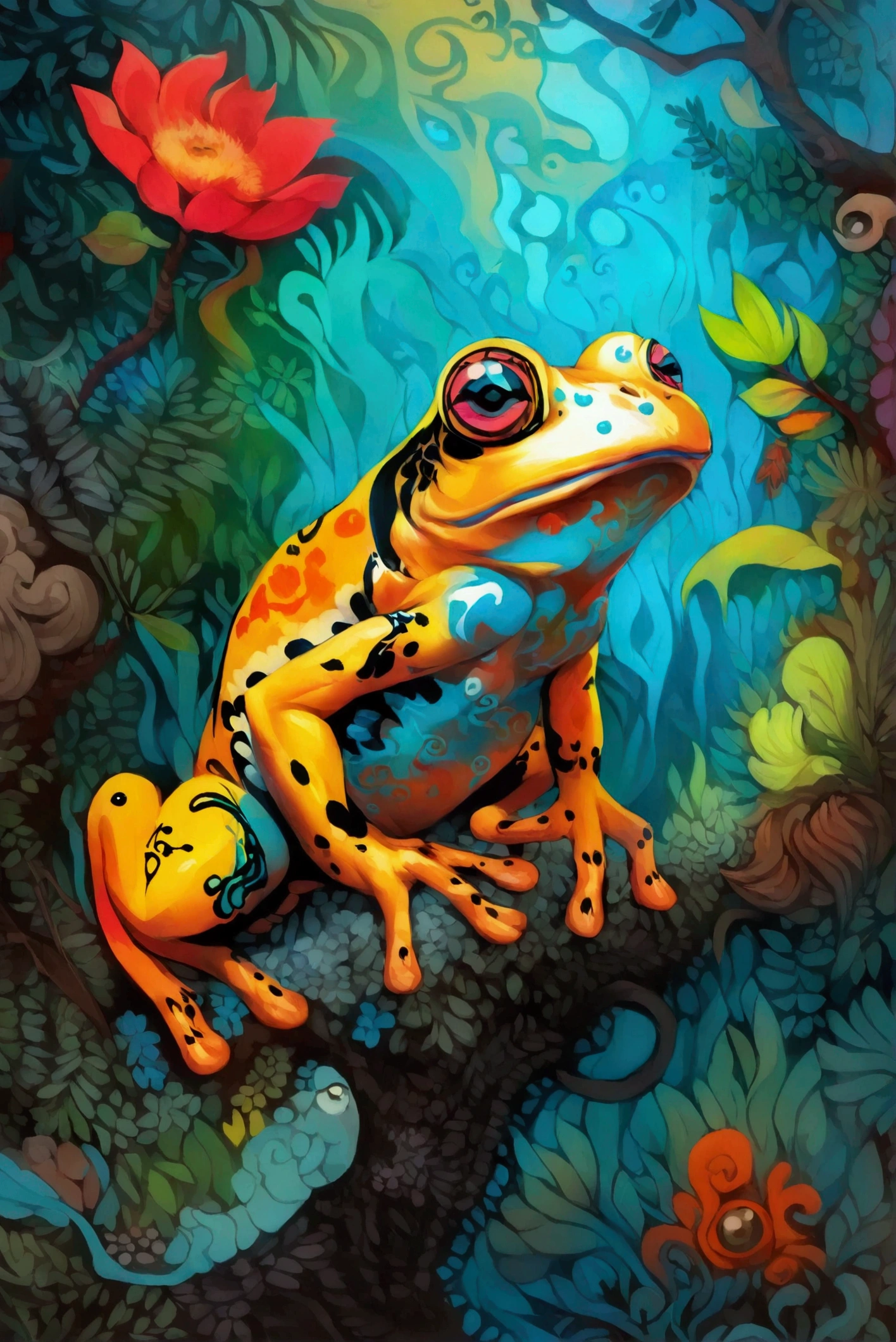   has a cartoon picture of a frog that keeps poison,  An illustration inspired by James Christensen ,   CG Society Contest Winners  ,  Maximalism , Rakib Shaw , Folk illustration , King of Poison ,   Colorful Illustrations  ,  Colorful Illustrations , Intricate fantasy painting, journey to the west.  pop art,  Psychedelic Illustrations , Fantasy coloring ,  Persian folk tale illustration , Colorful Jungle