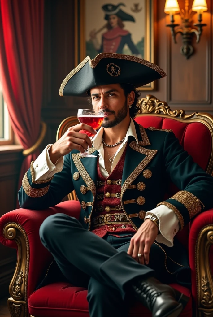 Please depict a man with short brown hair as the pirate king, sitting on a luxurious chair that features the symbol ‘🎶🪽’. He is dressed in a luxurious jacket and pirate hat, with accessories adorned with jewels. The background should be the captain’s room of a ship, with visible nautical charts and pirate decorations. The overall atmosphere should convey grandeur and majesty, with warm tones and lighting that highlights the character and the chair