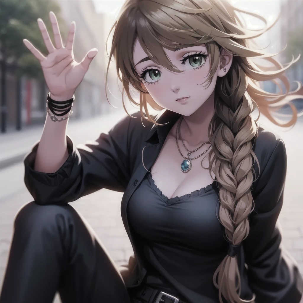 Tomboy girl with green serious eyes, a braid on her hair, and elegant muscles