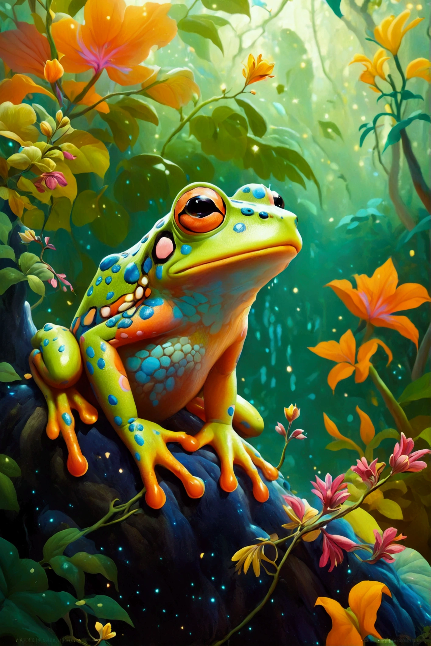   has a cartoon picture of a frog that keeps poison,  An illustration inspired by James Christensen ,   CG Society Contest Winners  ,  Maximalism , Rakib Shaw , Folk illustration , King of Poison ,   Colorful Illustrations  ,  Colorful Illustrations , Intricate fantasy painting, journey to the west.  pop art,  Psychedelic Illustrations , Fantasy coloring ,  Persian folk tale illustration , Colorful Jungle