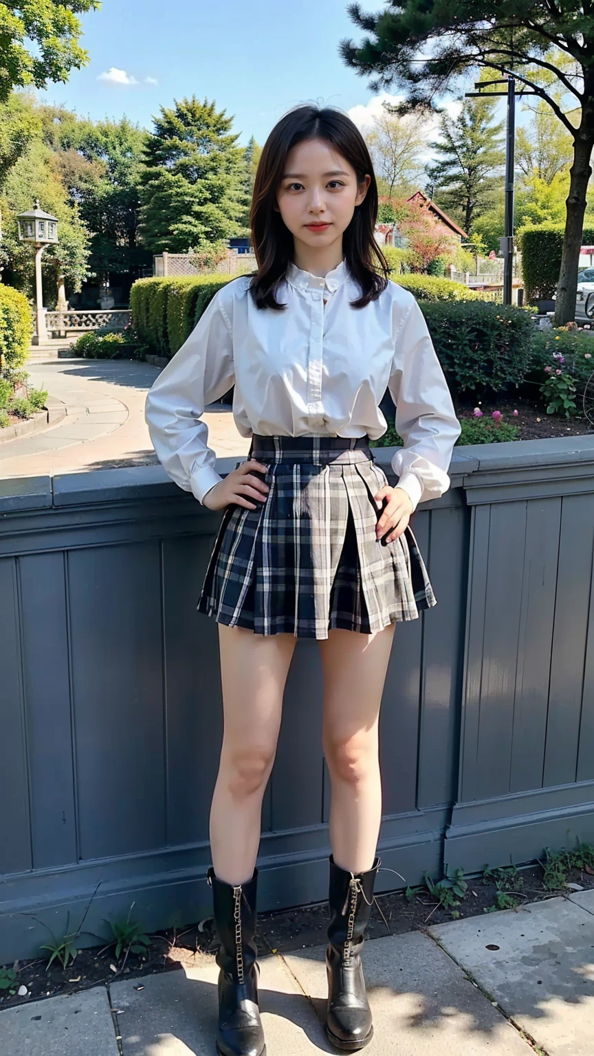 1girl,23yo.strawberry print panties ,.classroom brown eyes, brown hair, cardigan, female pubic hair, full body, gyaru, hair ribbon, lips, loafers, long hair, looking at viewer, panties, plaid, plaid skirt, realistic, red ribbon, , shirt, short sleeves, simple background, sitting, skirt, skirt lift, smile, solo, spls, standing, striped, white neckerchief, white shirt.