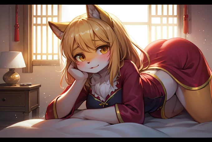 (best quality,highres,masterpiece:1.2),extremely detailed CG unity 8k wallpaper,ultra-detailed,1 girl,harmonious finger proportions, painting, pop art, (anime, anime coloring), mesugaki, an extremely cute girl, young cheeky girl, looking at viewer, sitting, seiza, cat pose, paw pose, mischievous expression, confident smile, grin, highlights in eyes, **ddler, bottomless, on bed, vajradef, dog tail, black pantyhose, hair ornament, japanese clothes, bare shoulders, detached sleeves, wide sleeves, white pelvic curtain