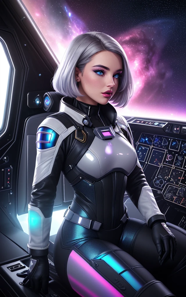 ([style of Jovana Rikalo, OverallDetail:style of Liam Wong, HairDetail SkinDetail:0.4]:1.3),  (beautiful busty skinny british woman sitting in spaceship cockpit looking over shoulder at viewer:1.2), (cute face, over the shoulder:1.1), (movie still:1.1), side view, (spaceship cockpit:1.1), glowing holographic instruments, (beautiful face:1.11), from behind, smart fabric flightsuit:1.1, lightweight structured jacket with sharp geometric lines, utility belt, kneehigh boots, fingerless gloves, (large spaceship cockpit with highly polished flooring and stellar view), backlit hair, perfect face, feminine physique, (pale freckles:0.6), (black and silver accents), perfect eyes, low key, joystick++, thin pouting lips, (white++ bob hair, ombre tips:1.2), wide set soft+ turquoise++ eyes, skin pores, (small retrousse nose:1.2), (pale skin), supernova, dramatic angle, eyelid shimmer makeup, silver eyeshadow, iridescent cheekbones, muted rose lips, deep space blue, (available light:0.7), BREAK, starlight silver, nebula pink, black hole black, planetary rings, asteroid clusters, geometric shapes, angular contours, Holographic control panels, chiaroscuro effects, reflective surfaces, starfilled skies, distant galaxies, shimmering surfaces, iridescent scifi materials, clean lines, modernistic details