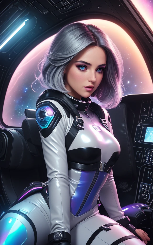 ([style of Jovana Rikalo, OverallDetail:style of Liam Wong, HairDetail SkinDetail:0.4]:1.3),  (beautiful busty skinny british woman sitting in spaceship cockpit looking over shoulder at viewer:1.2), (cute face, over the shoulder:1.1), (movie still:1.1), side view, (spaceship cockpit:1.1), glowing holographic instruments, (beautiful face:1.11), from behind, smart fabric flightsuit:1.1, lightweight structured jacket with sharp geometric lines, utility belt, kneehigh boots, fingerless gloves, (large spaceship cockpit with highly polished flooring and stellar view), backlit hair, perfect face, feminine physique, (pale freckles:0.6), (black and silver accents), perfect eyes, low key, joystick++, thin pouting lips, (white++ bob hair, ombre tips:1.2), wide set soft+ turquoise++ eyes, skin pores, (small retrousse nose:1.2), (pale skin), supernova, dramatic angle, eyelid shimmer makeup, silver eyeshadow, iridescent cheekbones, muted rose lips, deep space blue, (available light:0.7), BREAK, starlight silver, nebula pink, black hole black, planetary rings, asteroid clusters, geometric shapes, angular contours, Holographic control panels, chiaroscuro effects, reflective surfaces, starfilled skies, distant galaxies, shimmering surfaces, iridescent scifi materials, clean lines, modernistic details