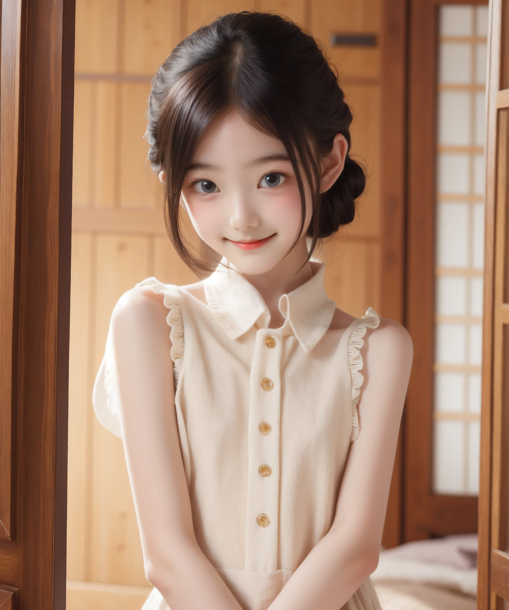 Maid,cute pretty girl,masterpiece,high definition,4k,8k,16k,chignon hair,brown hair,skinny,thin body,smile