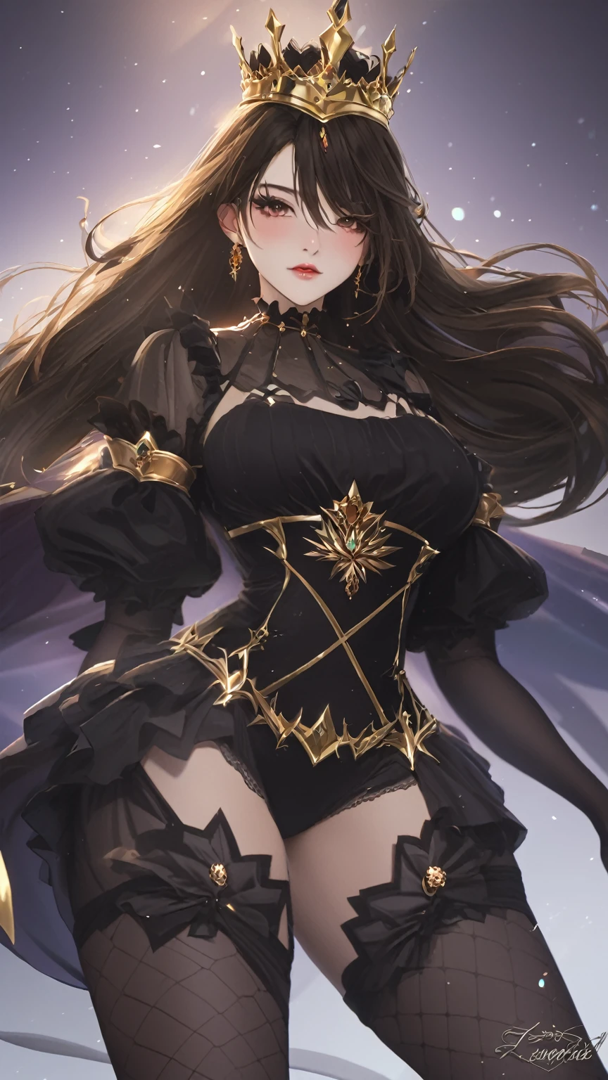 best quality, masterpiece, highres, solo, {semiramis_fgo:1.15}, long_hair, pointy_ears, yellow_eyes, black_hair, breasts, large_breasts, very_long_hair, cleavage, bangs, smile, 1girl, bare_shoulders, black_dress, bridal_gauntlets, detached_sleeves, dress, fur_trim, long_dress, looking_at_viewer, spikes