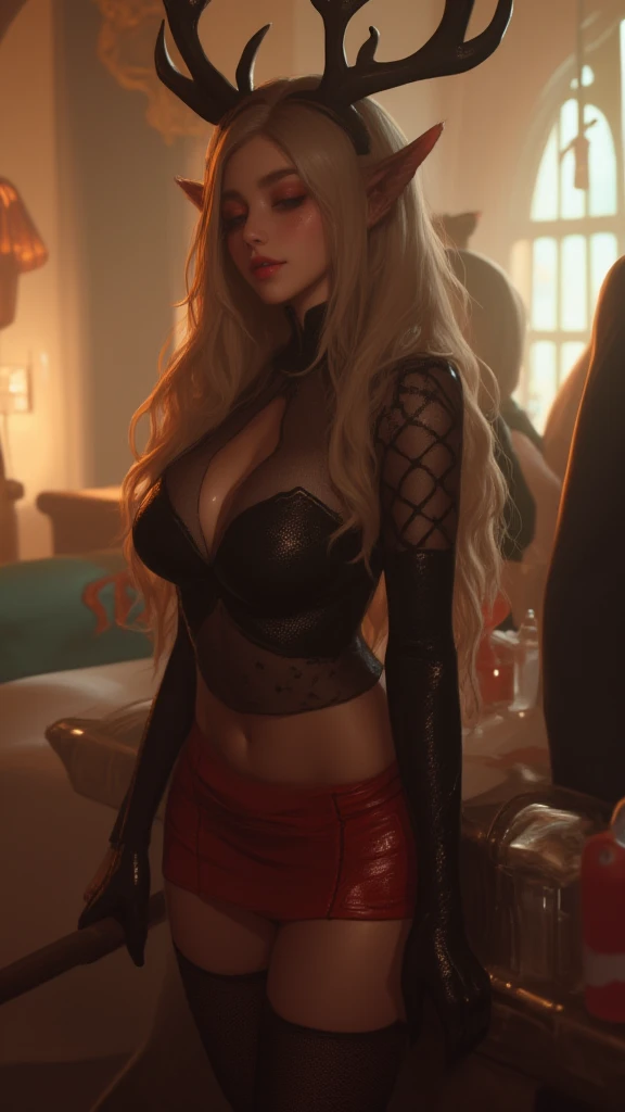 Jenny Poussin, long curly blonde hair, gorgeous eyes, high arched eyebrows, seductive look,big breasts, (crimson low-cut silk shirt:1.3), black leather pants, stilettos, midnight modern metropolis, spot lighting, backlight on hair, shallow depth of field, bokeh, sexy