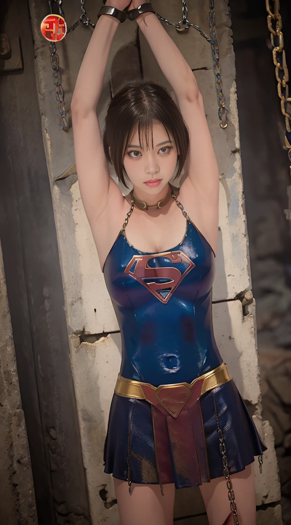 ​masterpiece、 shorthaired supergirl in chains、 big full breasts、 looking at the camera、 Shiny Costume 、Tattered Costume、injury、 Dungeons 、 slave,  expose my chest,  Big Breasts ,