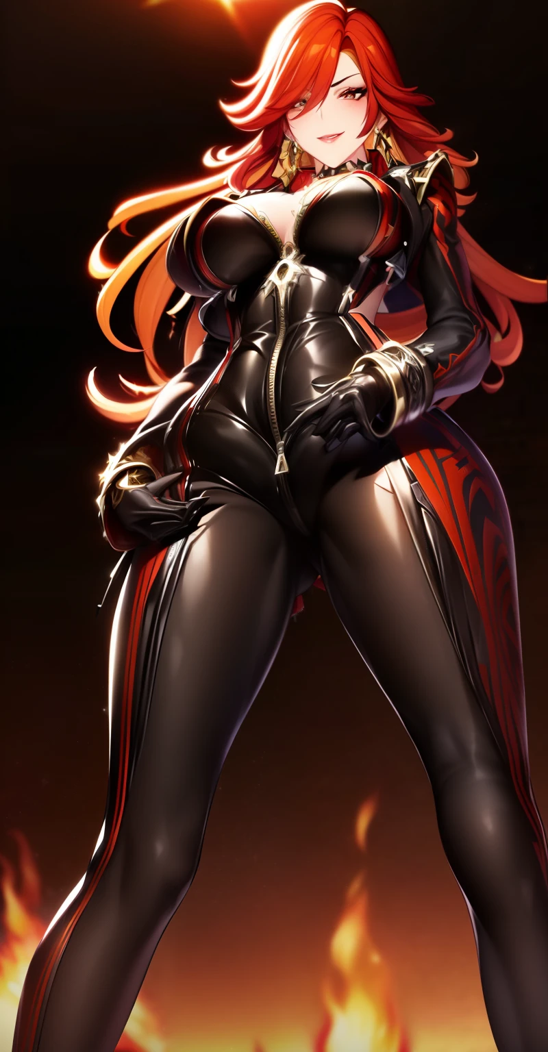 High Resolution, HD, delicate, (best quality), similar to kemono, extremely delicate and beautiful, Extremely Detailed, CG, unit, 8K, Amazing, finely detailed, masterpiece, best quality, official art, absurd, absurdly amazing, huge filesize, ultra-detailed, beautiful detailed woman, extremely detailed eyes and face, beautiful detailed eyes, light on face, 1 woman, 1 girl, 1 woman solo, mature female, Mavuika, (super realistic), (((long red hair with yellow flame-like tips))), (knee-length wavy hair), (light skin), (red and yellow sun-shaped eyes), (fair and soft skin), peerless beauty, (extreme beauty), (seductive smile), (blush), (intense gaze), (((Black leather biker bodysuit with sun-shaped accents in red))), (((long-sleeved black and red cropped biker jacket))), ((tight clothes)), ((sides and back exposed)), ((high-heeled black boots with red and orange decorations and spikes)), (((golden choker with intricate designs))), (((golden and red sun-shaped earrings))), ((thin body)), (Medium breasts), ((full breasts)), ((Thin Waist)), (Wide Hips), ((Heart-Shaped Butt)), ((sexy woman)), ((full body)), (((Detailed face description), (Extremely detailed eye description), (Detailed body description), (confident pose), ((((Pulling down the front zipper of her outfit)))), vibrant colors, dramatic lighting, RTX, beautiful, (detailed face:1.2), (perfect eyes:1.1), 8K UHD, standing confidently, ((from the behind)), ((lower body)), from behind, ass, showing ass, grabbing ass, squeezing ass, focused in ass, ((((close at the viewer)))), ((looking at the viewer)), ((smiling seductively)), (((at a bar))), stylized anime background