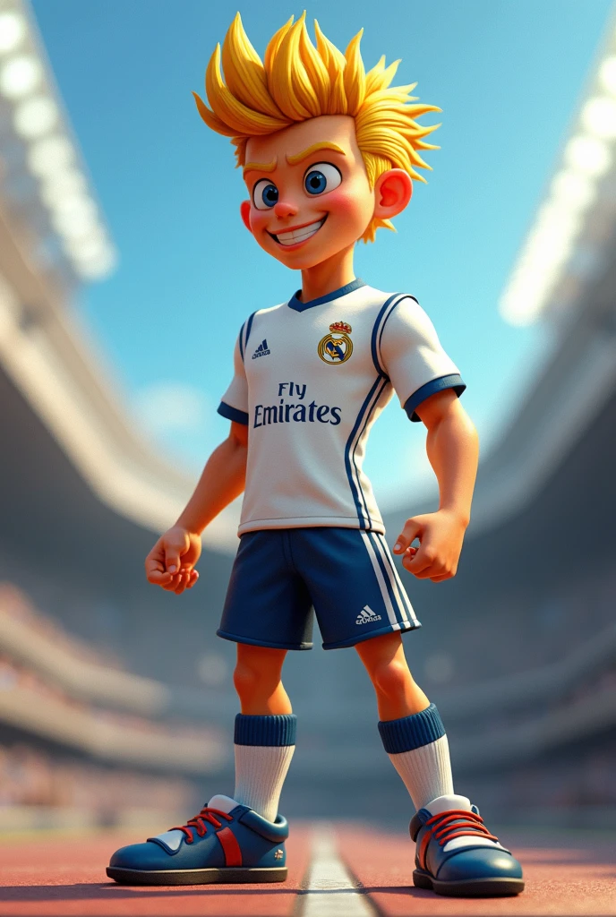 A happy cute boy standing with long blonde hair , Con equipaje futbol real madrid , infant, Tom, estilo pixar, ........3D, Dibujos animados, cara detallada, 16K asymmetrical