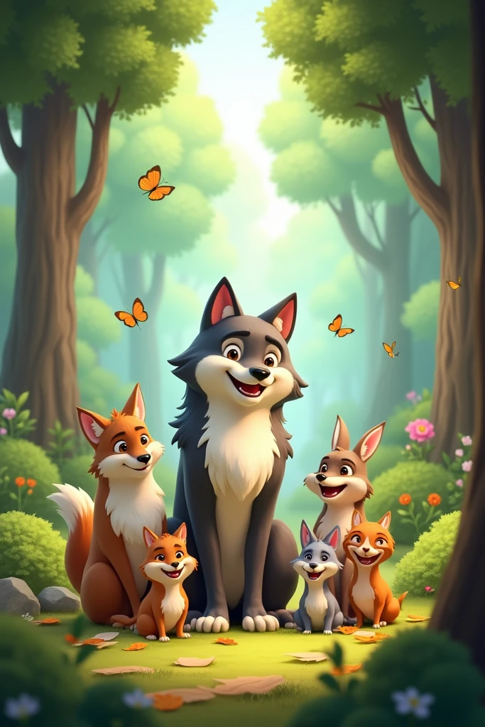  Picture of the forest with the happy and contented animals together with the wolf.
All the animated-type environment  