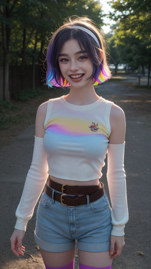 Bold Linden, basety style, Abbe Style Bi, iridescent dress, purple hair, in front of the camera, white top on top Woman close up, mini skirt, ([emma( :0)watson|angelina( :0)jolie|fe( :0)hill]:0.95), young woman, Alone, Hands behind the back, summer theme, (Realistic blue eyes:1.1), detailed students, (parts:0.9), suck(:0)ideal girl, tattoo, centered, on the street taking a walk,
