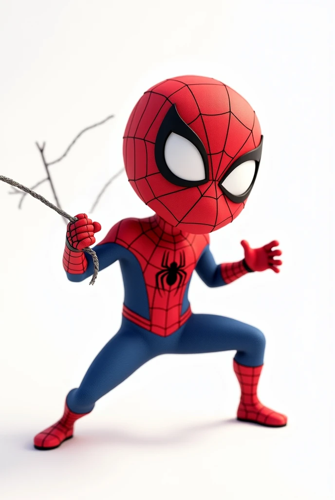 A Spider-Man character designed in a 3D animated Pixar style, with cartoonish and expressive features. The character should have a friendly face and a design that conveys warmth and charm, typical of Pixar movies. He is wearing the classic Spider-Man suit with simplified but recognizable details, such as the webbing on the suit and the spider emblem on the . The character is in a dynamic, agile pose, as if shooting a web forward with one hand while crouching slightly, with one leg extended to the side and the other bent. Pure white background.