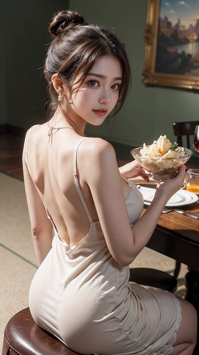 ((small underboob)), fluffy straigh hair,Hair draped loose，（Extremely meticulous CG 8k wallpaper），（Extremely refined and beautiful），（Masterpiece），（best qualtiy：1.0），（Ultra High Resolution：1.0），beautiful light up，Perfect lightning，realistic shaded，[A high resolution]，Smooth and flawless fair skin，Extremely exquisite facial details，（perfect body：1.1），ultra - detailed，A beautiful girl，a seller，small head，(small breasts:1.1)，flat chests，slim，thin，slender waist，Smile，cheerfulness，（Maxi black apron:1.1）， no bra，bare back，Black silk stockings，White sandals，Summer，midday, in shade，at a crude and dilapidated market，In the shed，Sitting on a chair behind A stall selling mooncakes，many mooncakes piled up like mountains on the stall，Close Shot，Surrounded by a crowded crowd，back towards the viewer，back of head towards the viewer，Looking in the opposite direction of the viewer，The figure's silhouette