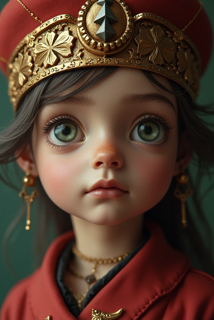 A baby in medieval noble clothes , long silver and black hair , One eye red like rubies and another golden like gold , jewelry , ,