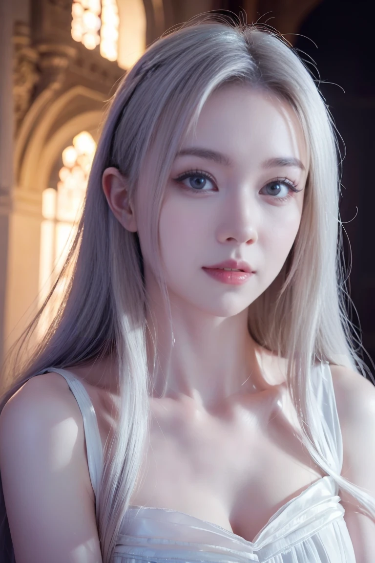 ashelia, sfw photorealistic young medieval white-haired woman, glittering jewelry, 8k, medieval palace, A beautiful adult woman with a soft face, perfect brown eyes, detailed face, long eyelashes, silk flower fantasy medieval background, cinematic photorealistic lighting, dramatic night scene, (best quality,4k,8k,highres,masterpiece:1.2),ultra-detailed,(realistic,photorealistic,photo-realistic:1.37),cinematic,dramatic,moody,celestial white light