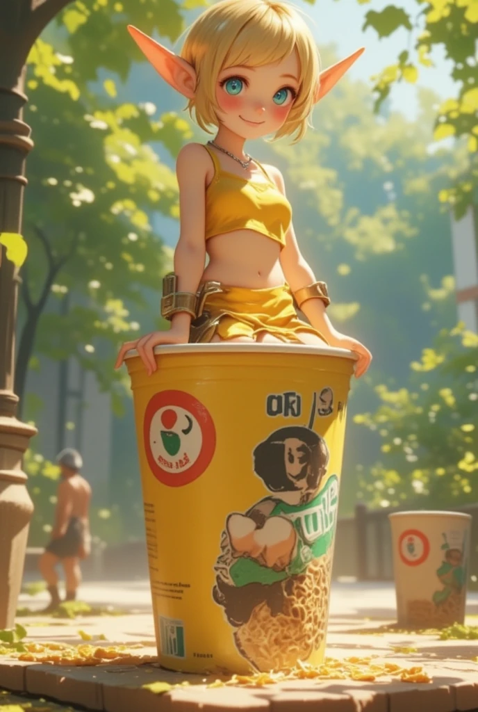 A big Cup noodles with the lid closed. A small elf is sitting on the edge of the lid, blonde pixie cut, azure eyes, Pointy Ears, silver necklace, yellow camisole, yellow mini skirt, yellow short boots, smile, super realistic, Tilt lens photography