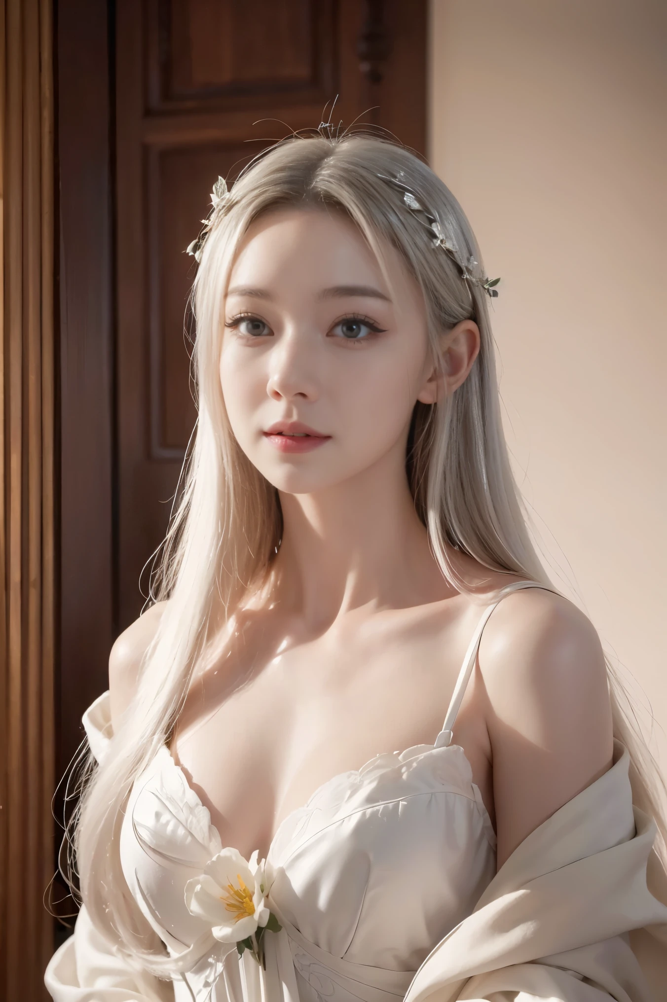 ashelia, photorealistic young medieval white-haired woman, flat chest, small bust, 8k, medieval palace, A beautiful adult woman with a soft face, perfect brown eyes, detailed face, long eyelashes, silk flower fantasy background, cinematic photorealistic lighting, dramatic night scene, (best quality,4k,8k,highres,masterpiece:1.2),ultra-detailed,(realistic,photorealistic,photo-realistic:1.37),cinematic,dramatic,moody,celestial white light