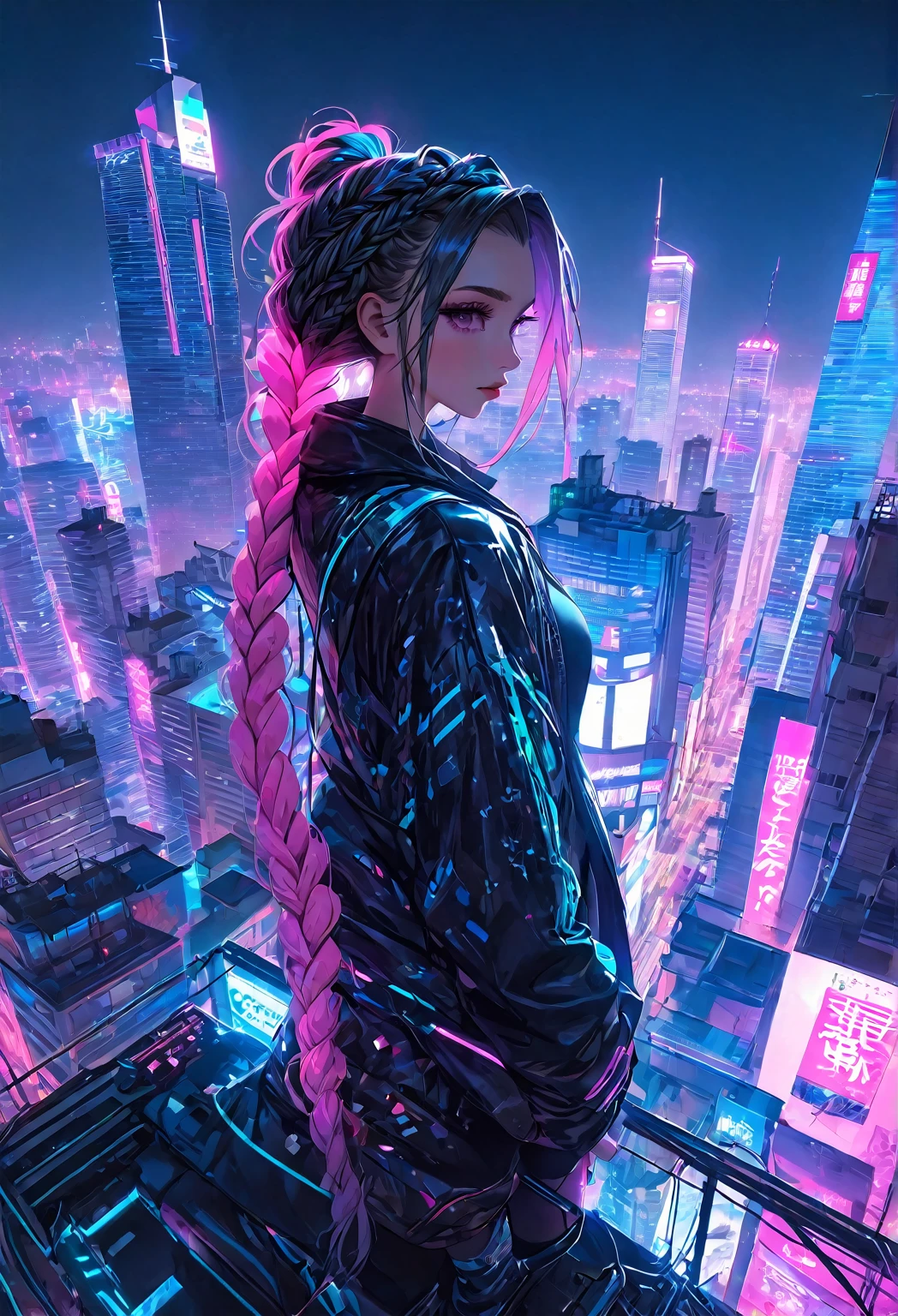 Best work High resolution One beautiful girl City night neon On top of a building Cyberpunk Pink and blue long hair braid
