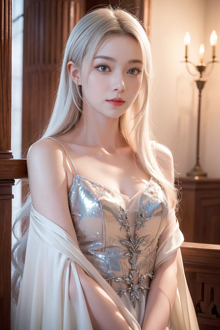 ashelia, glittering jewelry, photorealistic young medieval white-haired woman, flat chest, small bust, 8k, medieval palace, A beautiful adult woman with a soft face, perfect brown eyes, detailed face, long eyelashes, silk flower fantasy background, cinematic photorealistic lighting, dramatic night scene, (best quality,4k,8k,highres,masterpiece:1.2),ultra-detailed,(realistic,photorealistic,photo-realistic:1.37),cinematic,dramatic,moody,celestial white light